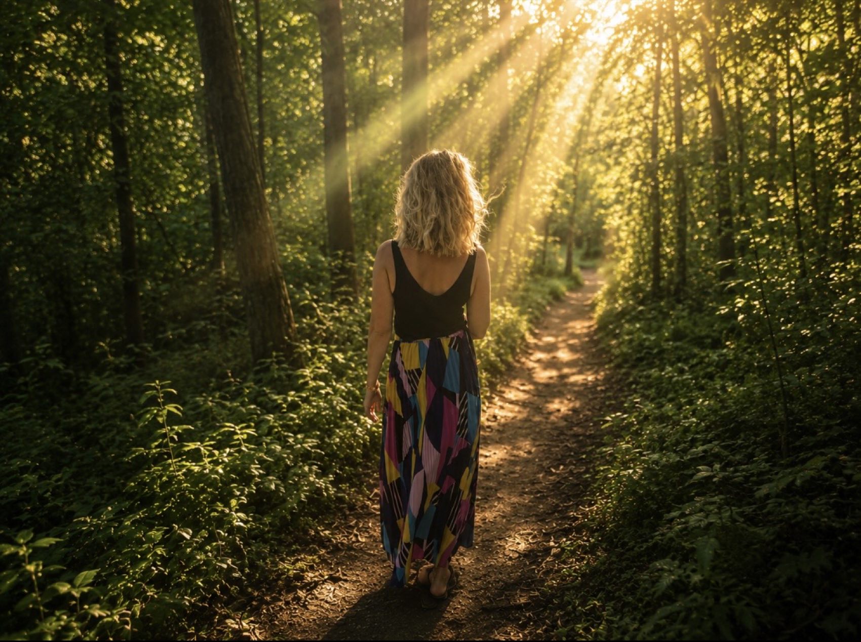 Monika walking a woodland path toward the light
