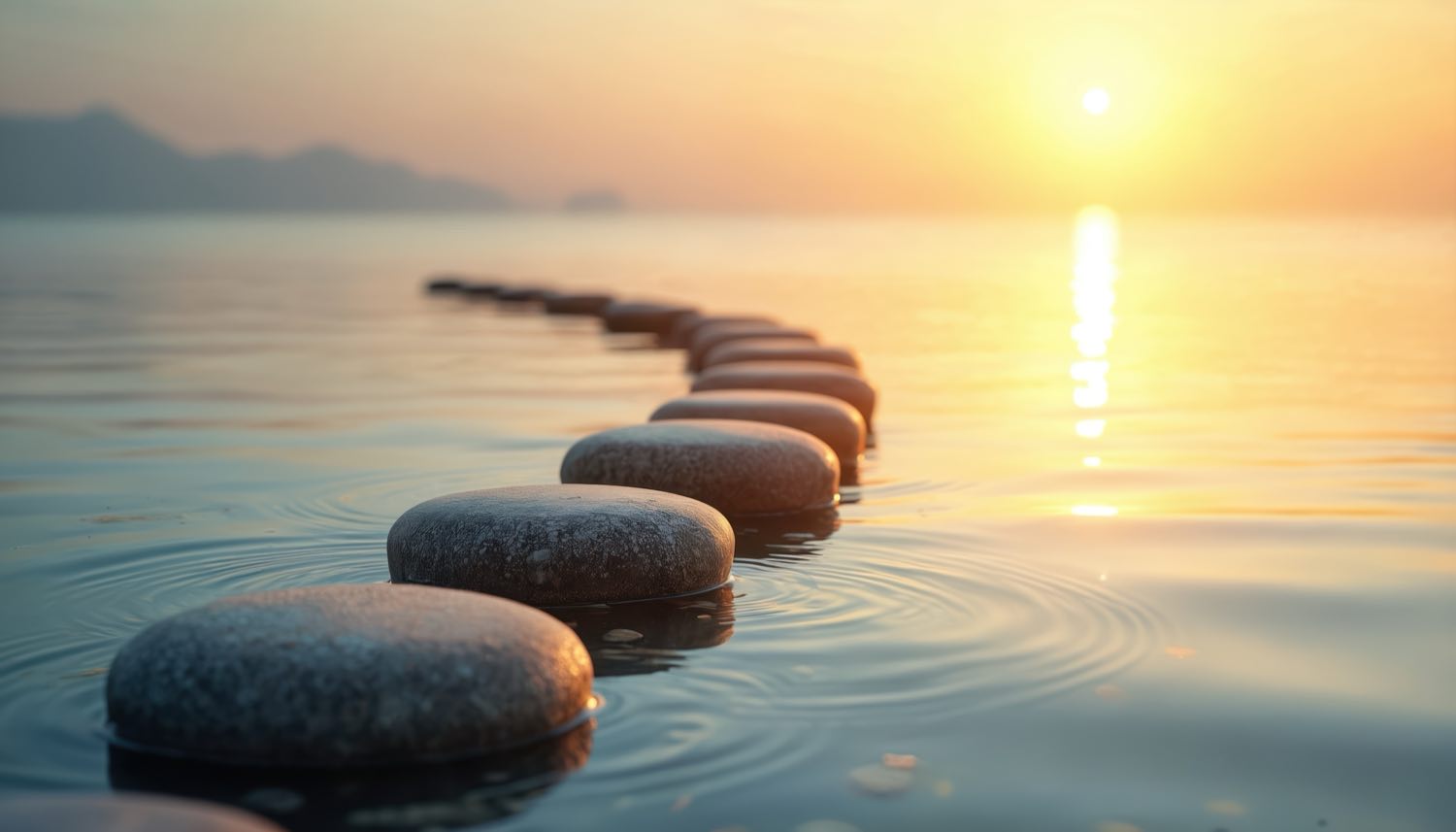 Stepping stones across still water at sunrise
