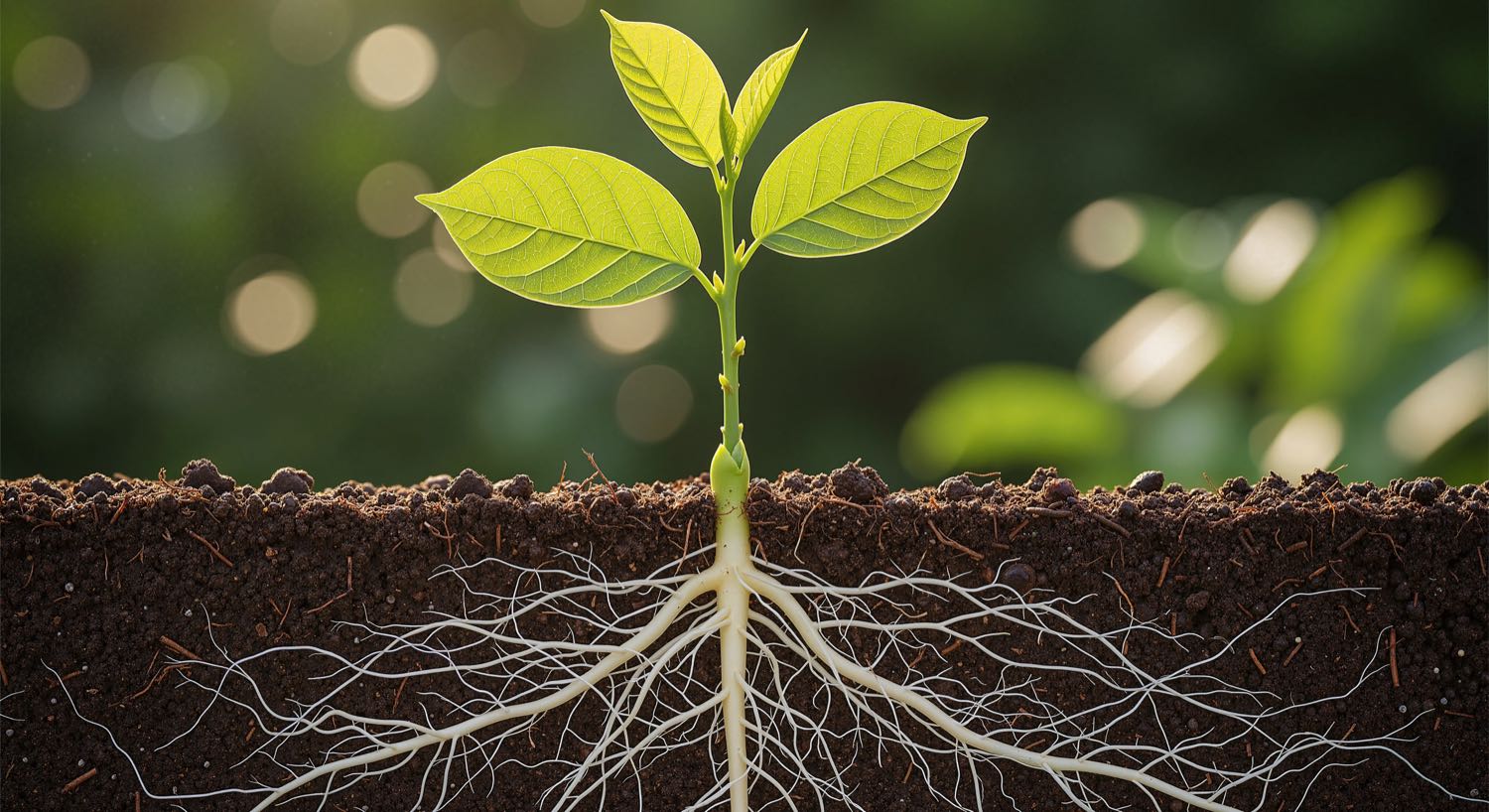 A seedling and its root system beneath the soil
